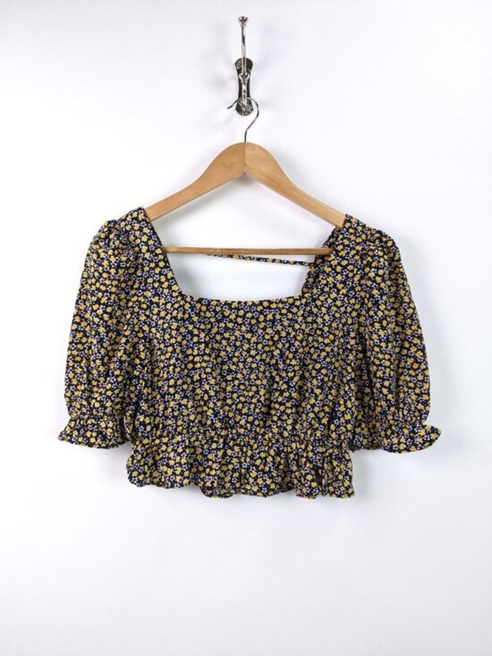 PIECES Womens Floral Print Square Neck Puff Sleeve Crop Top Black Yellow Size S